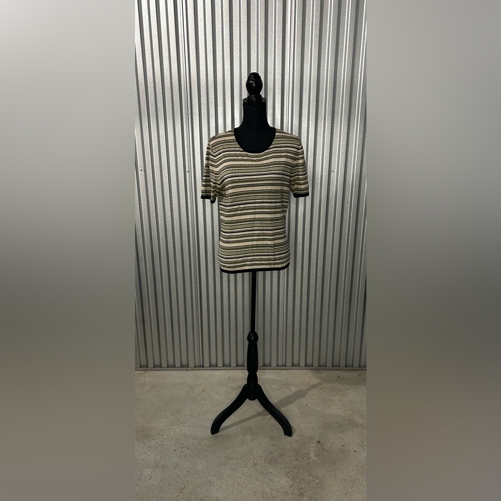 Women’s Geoffrey Beene Green Beige Stripe Silk Blend Short Sleeve Top Size Large